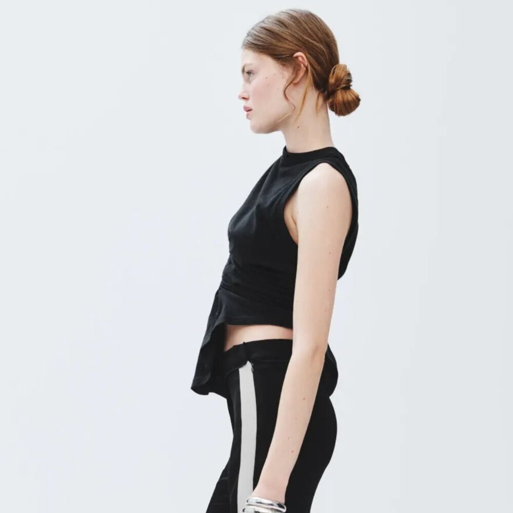 A.W.A.K.E. Mode Knotted Jersey Top Black Asymmetrical Short Sleeve Crop Medium M - Picture 4 of 8
